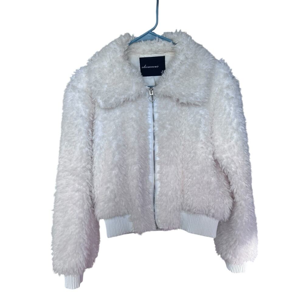 Olivaceous Faux Fur Teddy Jacket Women’s Medium White Sherpa Zip Bomber
